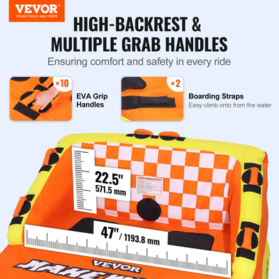 Ρυμουλκούμενος σωλήνας VEVOR για σκάφη, φουσκωτοί ρυμουλκούμενοι σωλήνες για 1-2 αναβάτες με καθίσματα καταστρώματος και πλάτη, σωλήνας θαλάσσιων σπορ 130 κιλών για τράβηγμα σκάφους, πλήρες κάλυμμα από νάιλον, λαβές EVA και βαλβίδα ασφαλείας ταχύτητας