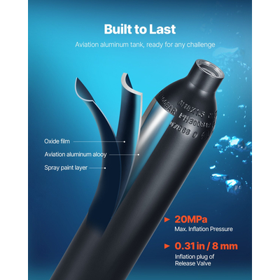 VEVOR 0.5L Scuba Tank 98.43ft Depth Diving Refillable Snorkel Air Tank with Pump