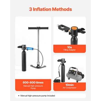 VEVOR 0.5L Scuba Tank 98.43ft Depth Diving Refillable Snorkel Air Tank with Pump