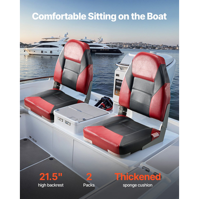 VEVOR Boat Seat High Backrest Πτυσσόμενο Μαξιλάρι Σφουγγάρι Καθίσματος Σκάφους Μαύρο & Κόκκινο
