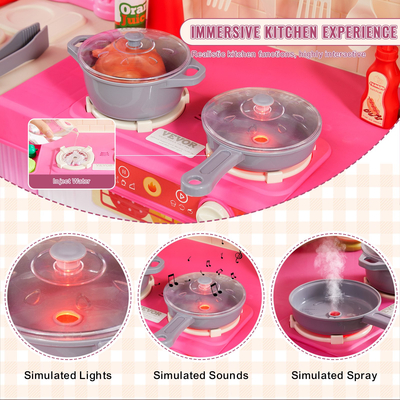 VEVOR Kitchen Playset Kids Pretend Cooking Play Toy 74 Piece Αξεσουάρ Ροζ