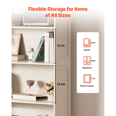 VEVOR 5 Επιπέδων Φαρδιά Βιβλιοθήκη 68" Ξύλινη Ανεξάρτητη Ανοιχτή Βιβλιοθήκη Ράφι Λευκό