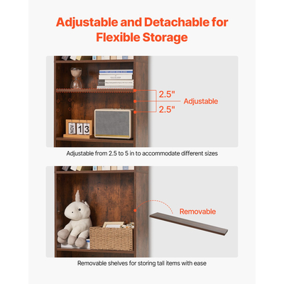 VEVOR 5 Επιπέδων Στενό Βιβλιοθήκη 53" Ξύλινη Ανοιχτή Βιβλιοθήκη Ρυθμιζόμενη Ράφι Καφέ