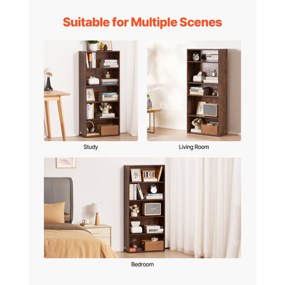 VEVOR 5 Επιπέδων Στενό Βιβλιοθήκη 53" Ξύλινη Ανοιχτή Βιβλιοθήκη Ρυθμιζόμενη Ράφι Καφέ