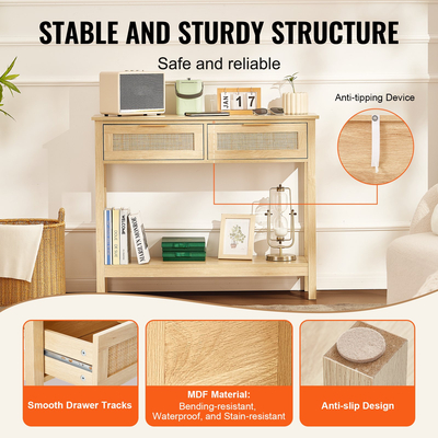 Τραπέζι κονσόλας VEVOR Rattan με 2 συρτάρια αποθήκευσης Rattan συρόμενη πόρτα Natural