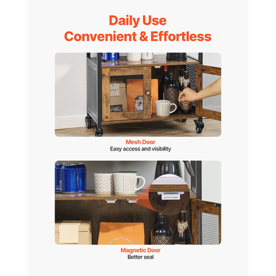 VEVOR Coffee Bar Ντουλάπα 4 επιπέδων Κινητό Τραπέζι καφέ μπαρ με ρόδες & διχτυωτή πόρτα