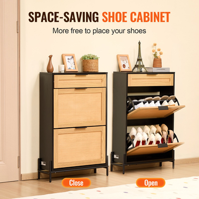 VEVOR Rattan Shoe Cabinet Shoe Organizer 2 συρτάρια αναδιπλούμενα & 1 συρτάρι μαύρο