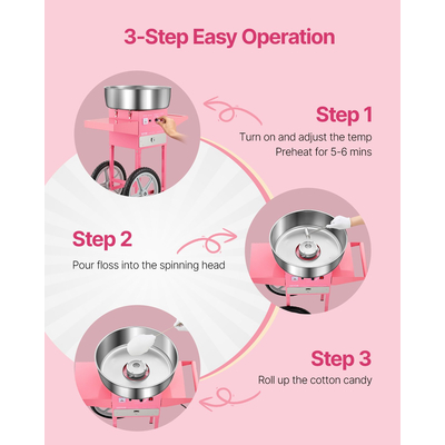 VEVOR Εμπορική Μηχανή Μαλλί της Βαμβακιού με Καρότσι για Ζαχαρόπαστα 1000W για Πάρτι