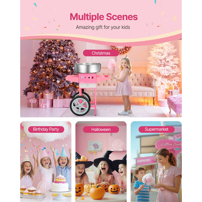 VEVOR Εμπορική Μηχανή Μαλλί της Βαμβακιού με Καρότσι για Ζαχαρόπαστα 1000W για Πάρτι