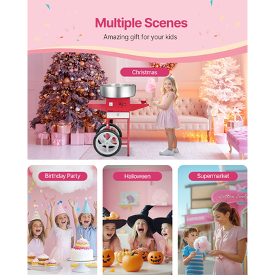 VEVOR Εμπορική Μηχανή για Μαλλί της Βαμβακιού με Καρότσι, Μηχανή Ζαχαρόπαστας 1000W Κόκκινη