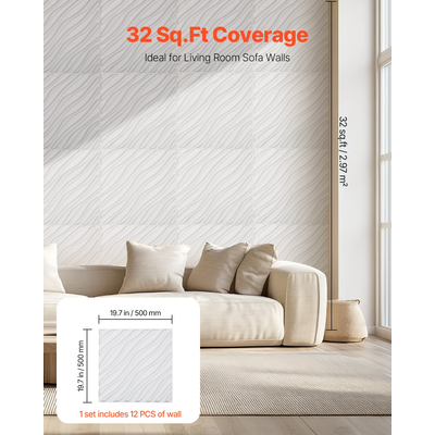 VEVOR 3D Πάνελ Τοίχου 12 Συσκευασίας 19,7x19,7&#039;&#039; PVC 32 τετραγωνικών μέτρων κάλυψης Wave ματ Λευκό