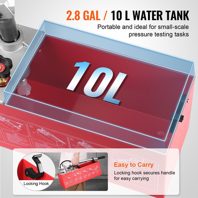 Υδροστατική δοκιμαστική αντλία VEVOR, Max 25 bar/362 PSI, Χειροκίνητο κιτ ελέγχου πίεσης νερού υδραυλικής διπλής βαλβίδας με μετρητή Δεξαμενή νερού 10L, σωλήνας 1,4 m με εξωτερικό σύνδεσμο σπειρώματος 1,27 cm για αγωγό