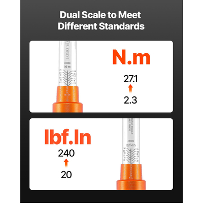Σετ κλειδιών ροπής VEVOR Click 1/4 ίντσας με κίνηση 20-240 lbf-in/2.3-27.1Nm πορτοκαλί