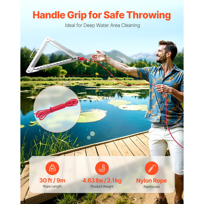 Τσουγκράνα VEVOR 24 ιντσών για υδρόβια ζιζάνια, πτυσσόμενη λαβή για τσουγκράνα ζιζανίων λίμνης 3 όψεων, σχοινί 30 ποδιών