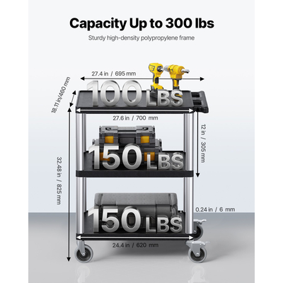 Καρότσι πολλαπλών χρήσεων VEVOR 3 ραφιών 130 κιλά 27,6 x 18,1 ιντσών με ρόδες