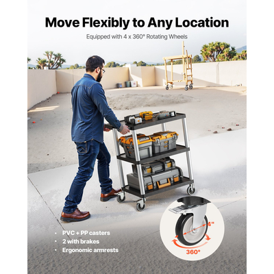 Καρότσι πολλαπλών χρήσεων VEVOR 3 ραφιών 130 κιλά 27,6 x 18,1 ιντσών με ρόδες