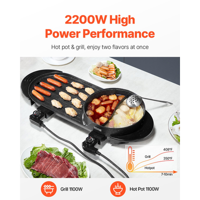 VEVOR Hot Pot με Γκριλ 2200W Ηλεκτρική άκαπνη ψησταριά και ζεστή κατσαρόλα 2 σε 1