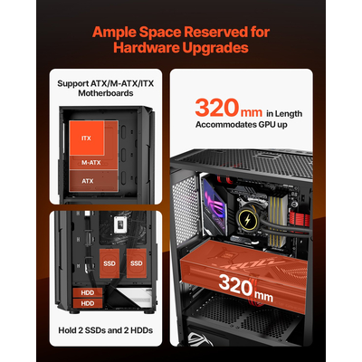 Θήκη VEVOR για gaming PC μεσαίου πύργου ATX, κουτί με 4 ανεμιστήρες ARGB 120 mm