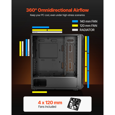 Θήκη VEVOR για PC Gaming, Θήκη για Υπολογιστή Mid-Tower, 4 x 120 mm Ανεμιστήρες για ATX/M-ATX/ITX