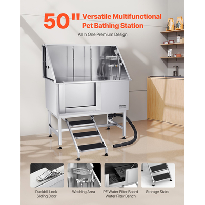 Μπανιέρα περιποίησης σκύλου VEVOR 127 cm από ανοξείδωτο ατσάλι με σκάλα και φίλτρο νερού αριστερά