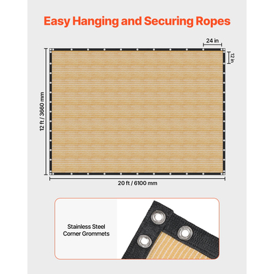 VEVOR 90% Υφασμάτινη Σήτα Προστασίας Ιδιωτικότητας 12 x 20 πόδια για Αίθριο Κήπο (Μπεζ)