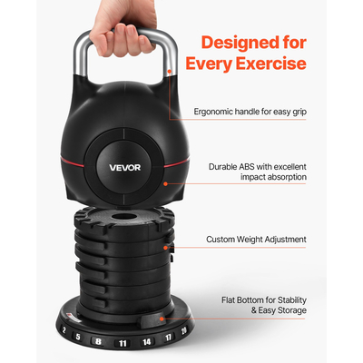 Ρυθμιζόμενο Kettlebell VEVOR με 7 επίπεδα βάρους 2/5/8/11/14/17/20 kg (Μαύρο)