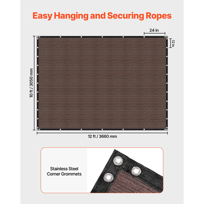 VEVOR 90% Υφασμάτινη Σήτα Προστασίας Ιδιωτικότητας 10 x 12 πόδια για Αίθριο Κήπο (Καφέ)