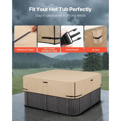 Κάλυμμα υδρομασάζ εξωτερικού χώρου VEVOR 2160x2160x508mm, ανθεκτικό στις καιρικές συνθήκες και αδιάβροχο, καφέ