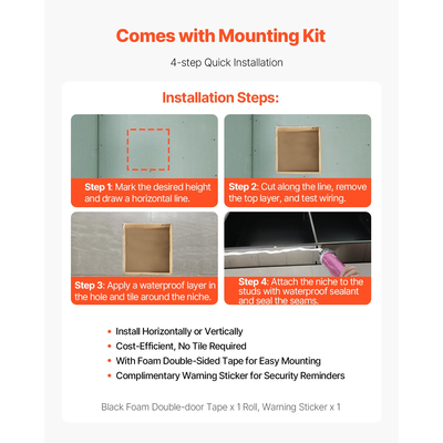 Θέση ντους VEVOR 33,0 x 33,0 x 10,2 cm Εντοιχιζόμενο ράφι τοίχου από ανοξείδωτο ατσάλι, μαύρο