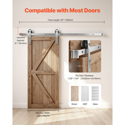 Κιτ εξαρτημάτων συρόμενης πόρτας αχυρώνα VEVOR 5FT για μονή συρόμενη πόρτα αχυρώνα ασημί