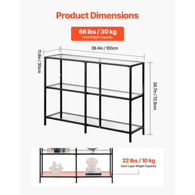 VEVOR Τραπεζάκι Κονσόλας 3 Επιπέδων από Γυάλινο Ορθογώνιο Καναπές-Πλευρικό Τραπεζάκι με Αντιανατροπή, Μαύρο