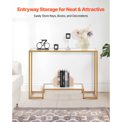 VEVOR Τραπεζάκι Κονσόλας 2 Επιπέδων από Γυάλινο Ορθογώνιο Καναπές-Πλευρικό Τραπεζάκι με Αντιανατροπή, Χρυσό