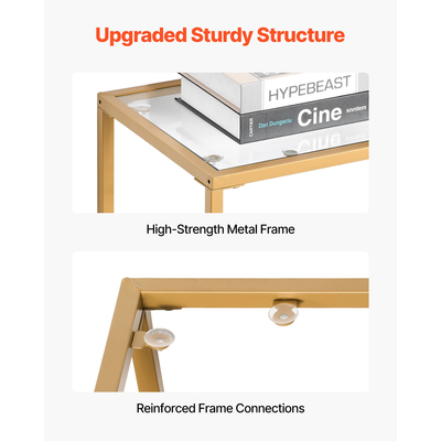 VEVOR Τραπεζάκι Κονσόλας 2 Επιπέδων από Γυάλινο Ορθογώνιο Καναπές-Πλευρικό Τραπεζάκι με Αντιανατροπή, Χρυσό