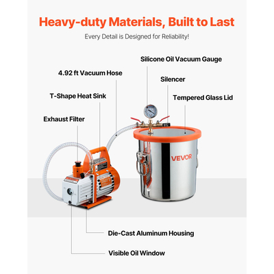 Μονοβάθμια αντλία κενού VEVOR 110L/min, θάλαμος απαερίωσης από ανοξείδωτο χάλυβα 11,36L