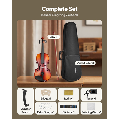 Σετ βιολιού VEVOR 355mm πλήρους μεγέθους από μασίφ ξύλο για αρχάριους, γυαλιστερό καφέ