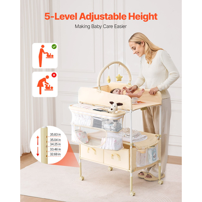 VEVOR Πτυσσόμενος Σταθμός Αλλαγής Πάνας για Μωρά με Πλαϊνό Καλάθι & Ράβδο Κρεμάστρας Μπεζ