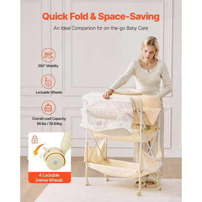 VEVOR Πτυσσόμενος Σταθμός Αλλαγής Πάνας για Μωρά με Πλαϊνό Καλάθι & Ράβδο Κρεμάστρας Μπεζ