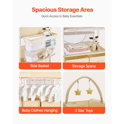 VEVOR Πτυσσόμενος Σταθμός Αλλαγής Πάνας για Μωρά με Πλαϊνό Καλάθι & Ράβδο Κρεμάστρας Μπεζ