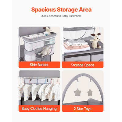 VEVOR Πτυσσόμενος Σταθμός Αλλαγής Πάνας για Μωρά με Πλαϊνό Καλάθι & Ράβδο Κρεμάστρας Γκρι