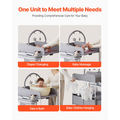 VEVOR Πτυσσόμενος Σταθμός Αλλαγής Πάνας για Μωρά με Πλαϊνό Καλάθι & Ράβδο Κρεμάστρας Γκρι