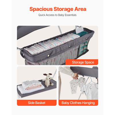 VEVOR Πτυσσόμενος Σταθμός Αλλαγής Πάνας για Μωρά με Πλαϊνό Καλάθι & Ροδάκια, Σκούρο Γκρι