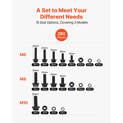 VEVOR 280 τεμάχια Σετ Βιδών, Παξιμαδιών και Συλλογή από Μετρικό Κράμα Χάλυβα M6 M8 M10