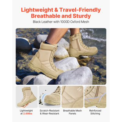 Ανδρικές στρατιωτικές τακτικές μπότες VEVOR 203 mm χρώματος άμμου με πλαϊνό φερμουάρ Ηνωμένου Βασιλείου μέγεθος 9