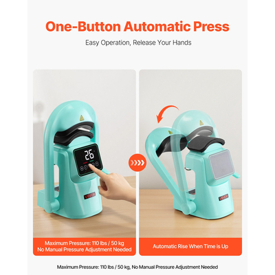 VEVOR Αυτόματη Πρέσα Θερμότητας για Καπέλο 2 τεμάχια Εναλλάξιμες Πλάκες Οθόνης Αφής Πράσινη