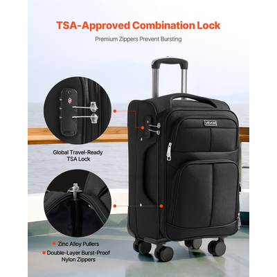 20-Inch Softside Expandable Luggage with Spinner Wheels Carry on Suitcase Black | VEVOR US