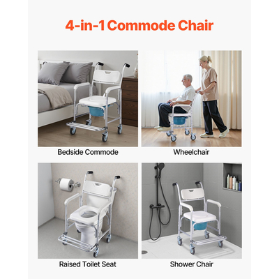Πολυθρόνα Κομοδίνου VEVOR με 4 Ρόδες, Υπερυψωμένο Κάθισμα Τουαλέτας 4 σε 1, 135 κιλά