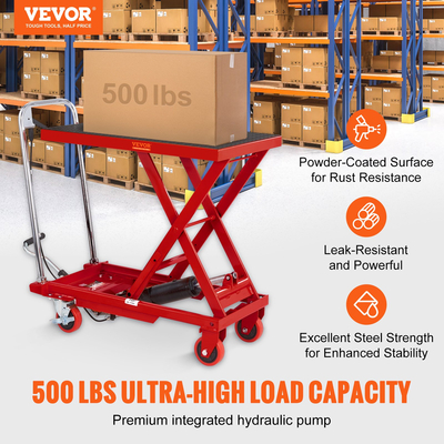 Επιτραπέζιο καρότσι VEVOR Hydraulic Lift, 500lbs Capacity Ύψος ανύψωσης 28,5" Χειροκίνητο Τραπέζι ανύψωσης μονής ψαλίδας με 4 ρόδες και αντιολισθητικό μαξιλαράκι, υδραυλικό καρότσι με ψαλίδια για χειρισμό υλικού, κόκκινο