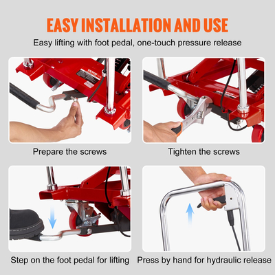 Επιτραπέζιο καρότσι VEVOR Hydraulic Lift, 500lbs Capacity Ύψος ανύψωσης 28,5" Χειροκίνητο Τραπέζι ανύψωσης μονής ψαλίδας με 4 ρόδες και αντιολισθητικό μαξιλαράκι, υδραυλικό καρότσι με ψαλίδια για χειρισμό υλικού, κόκκινο