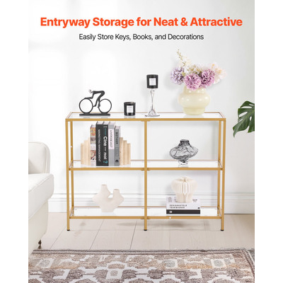 VEVOR Τραπεζάκι Κονσόλας 3 Επιπέδων από Γυάλινο Ορθογώνιο Καναπές-Πλευρικό Τραπεζάκι με Αντιανατροπή, Χρυσό