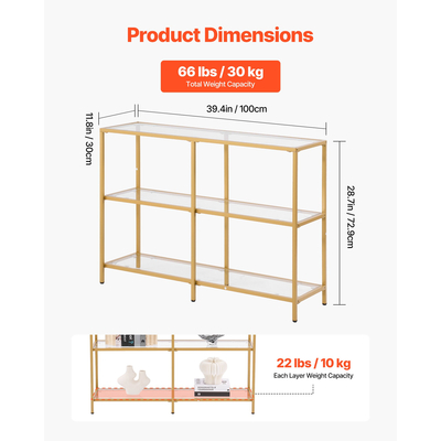 VEVOR Τραπεζάκι Κονσόλας 3 Επιπέδων από Γυάλινο Ορθογώνιο Καναπές-Πλευρικό Τραπεζάκι με Αντιανατροπή, Χρυσό